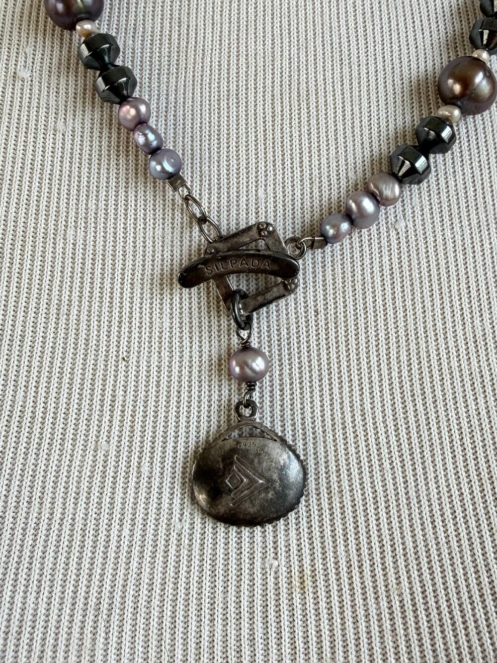 SILPADA N1784 VINTAGE STERLING 925 FRESHWATER PEARL HEMATITE TOGGLE NECKLACE - Picture 7 of 7